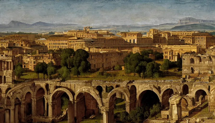 Image similar to ancient rome, aqueduct and roman baths in the background, clearly separated foreground middleground background, foggy, cupresses, intricate, paint texture, old masters, caravaggio, repin, solid anatomy, elegant, volumetric lighting, digital painting, highly detailed, artstation, sharp focus, illustration, concept art, steve mccurry, norman rockwell, masterpiece, 8 k