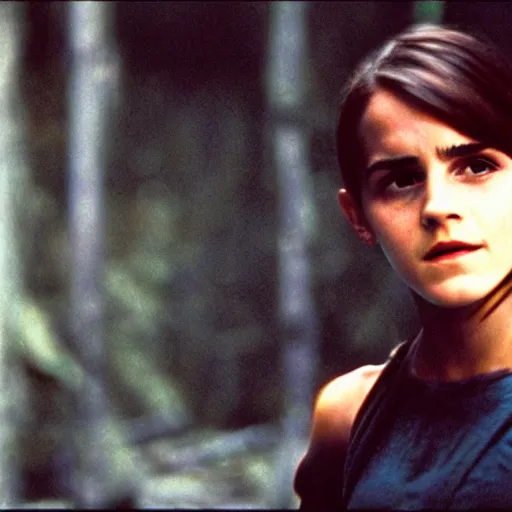 Image similar to film still, extreme far view, emma watson vietnam door gunner, film still from apocalypse now ( 1 9 7 9 ), 2 6 mm, kodak ektachrome, blue tint expired film,