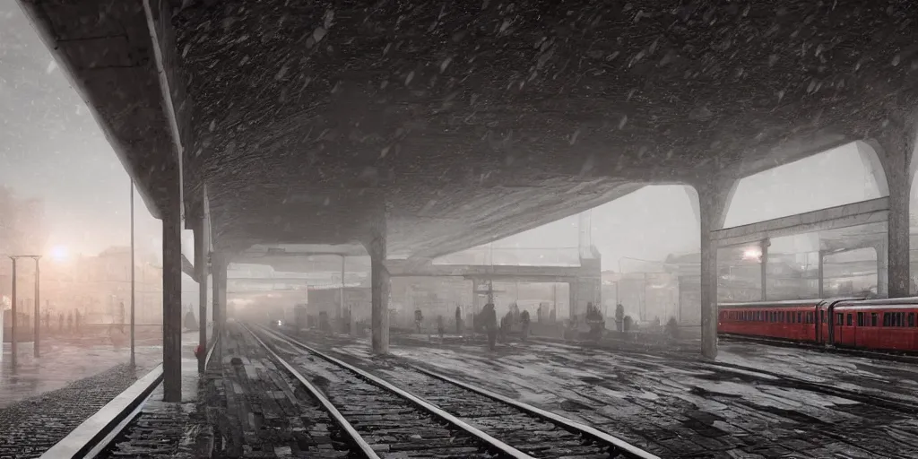 Image similar to hyper realistic render of soviet era 1 9 5 0's brutalism train station, located in the snow, puddles of water, by kait kybar, ivan shishkin, sunset, foggy, stunning skies, volumetric lighting, sharp focus, hyper detailed, digital art, cryengine