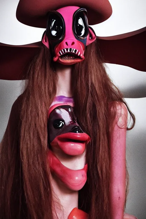 Image similar to comme des garcons campaign featuring jar jar binks as a female cowgirl, long eyeslashes, huge juicy lips, big seductive eyes, unprocessed colors, # nofilter, realistic vfx simulation