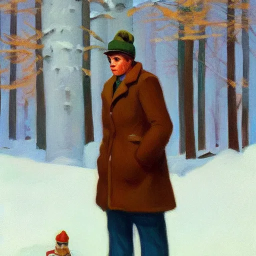Prompt: a brown haired man wearing a snow suit, detailed, edward hopper, trending on artstation,