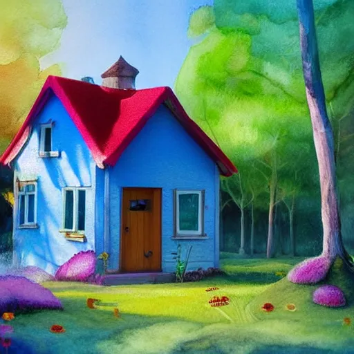 Image similar to small wooden house in the middle of spring forest, bright colours, watercolor, volumetric wool felting, macro photography, children illustration, by rhads