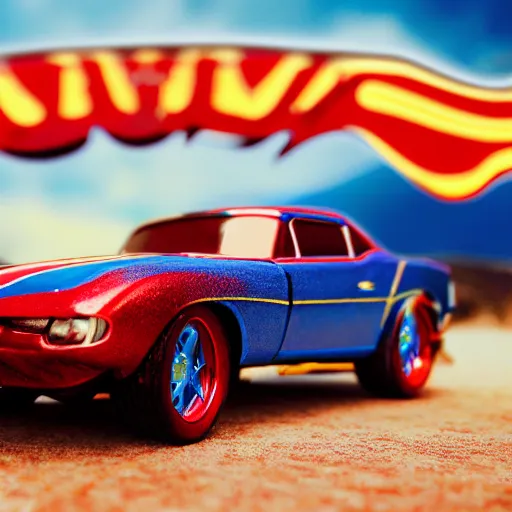 Prompt: 3 5 mm photo of metallic red and blue wonder woman car like hot wheels model with a sky as background, epic cinematic, epic lighting