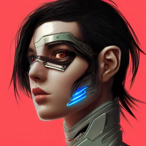 Prompt: portrait of a beautiful dark - haired androgynous cyberpunk space ranger, soft lightning, high detailed, intricate, elegant, smooth, sharp focus, artstation, art by lane brown and sora kim,