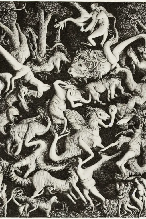 Image similar to Orpheus charming the beasts. Engraving by M.C. Escher