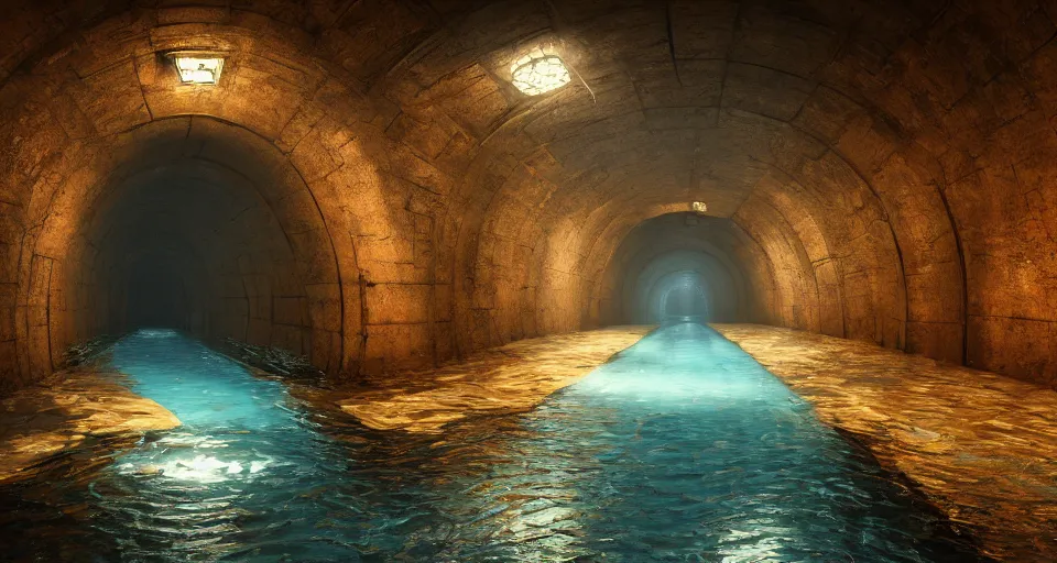 Prompt: a beautiful landscape painting, a single lane tunnel with overhead lights, water running down the walls and pooling, by sam guay, moody lighting, hyperrealism, 4 k, octane render