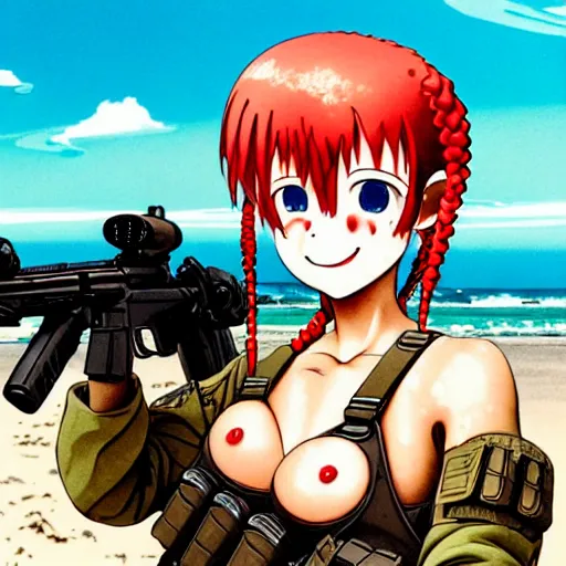 Image similar to Extremely Detailed and Full Portrait scene of Gooey Ocean scene in ink and refined sand, Red head pigtail anime woman with Military gear. Wearing a Army vest full body smiling while eating a sloppy cheese burger. The cheeseburger is leaking red sauce all over the beach by Akihito Yoshitomi AND Yoji Shinkawa AND Greg Rutkowski, Mark Arian trending on artstation