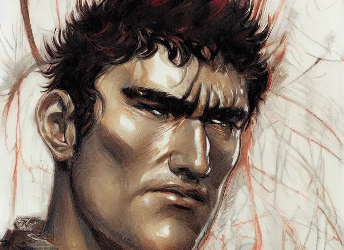 Image similar to a highly detailed beautiful portrait of guts from berserk, by gregory manchess, james gurney, james jean