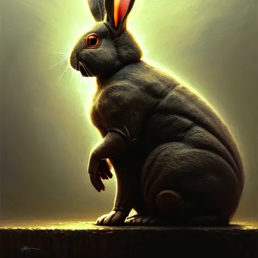 Image similar to low angle shot of a sad rabbit by guillermo del toro, intricate, elegant, highly detailed, centered, digital painting, artstation, concept art, smooth, sharp focus, illustration, artgerm, Tomasz Alen Kopera, Peter Mohrbacher donato giancola, Joseph Christian Leyendecker, WLOP, Boris Vallejo