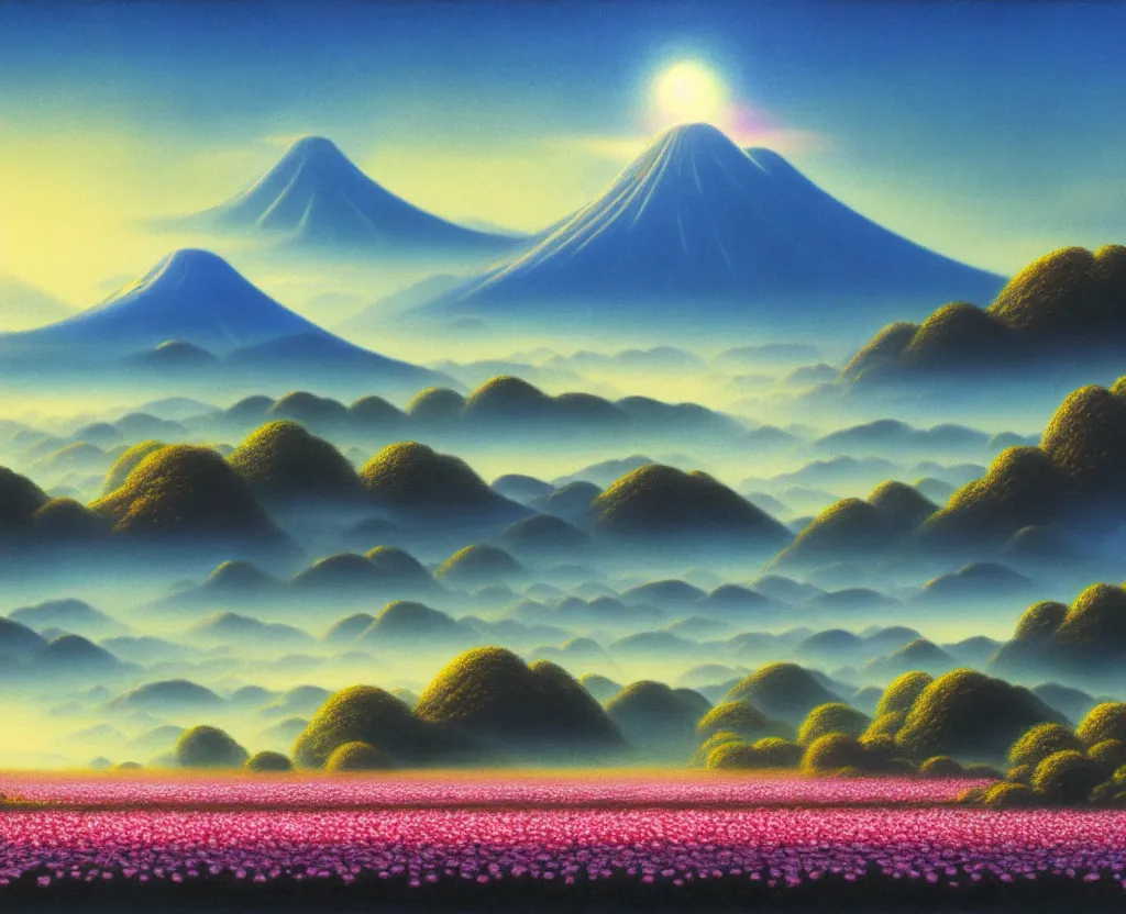 Prompt: a landscape pastel in the style of noriyoshi ohrai and of a field of lotus flowers, glowing with iridescent mana. some misty mountains in the background. key art. 4 k retrofuturistic fantasy