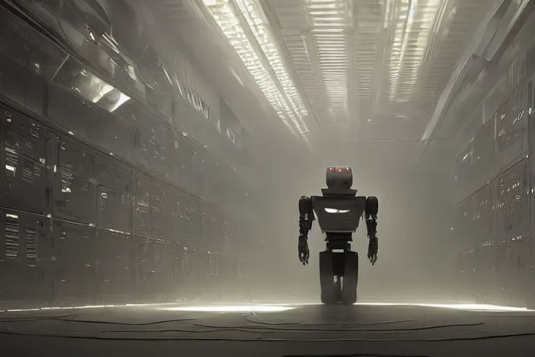 Image similar to extremely detailed cinematic movie still 3 0 7 7 foggy portrait shot of a robot in an endless data centre by denis villeneuve, wayne barlowe, simon birch, philippe druillet, beeple, bright volumetric sunlight from small windows, rich moody colors