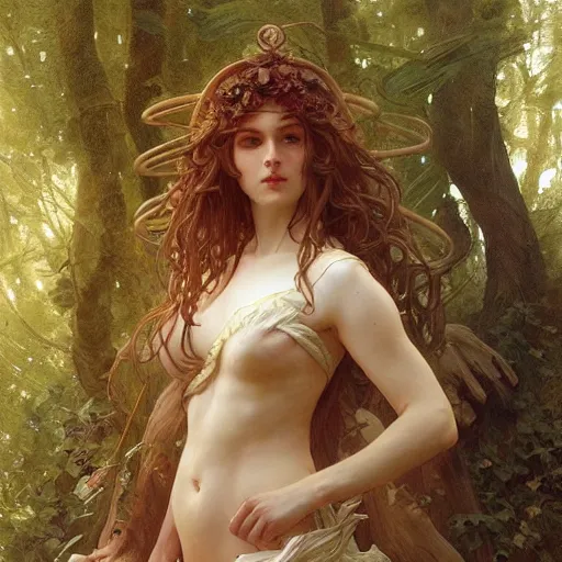 Image similar to portrait of forest goddess, intricate, elegant, highly detailed, digital painting, artstation, concept art, smooth, sharp focus, illustration, art by artgerm and greg rutkowski and alphonse mucha and william - adolphe bouguereau