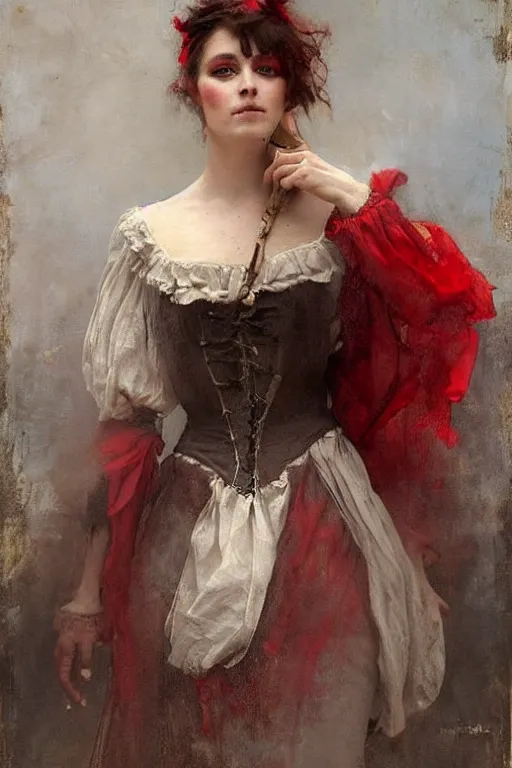 Image similar to no hands. Solomon Joseph Solomon and Richard Schmid and Jeremy Lipking victorian genre painting full length portrait painting of a young beautiful woman traditional german french actress model pirate wench in fantasy costume, red background