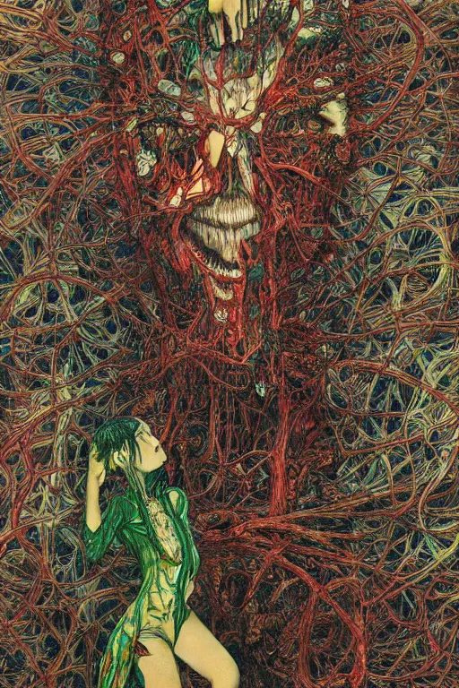 Image similar to realistic detailed image of a Body ripping apart, Conjuring Psychedelic by Shintaro Kago, Neo-Gothic, gothic, rich deep colors. Beksinski painting, part by Adrian Ghenie and Gerhard Richter. art by Takato Yamamoto. masterpiece