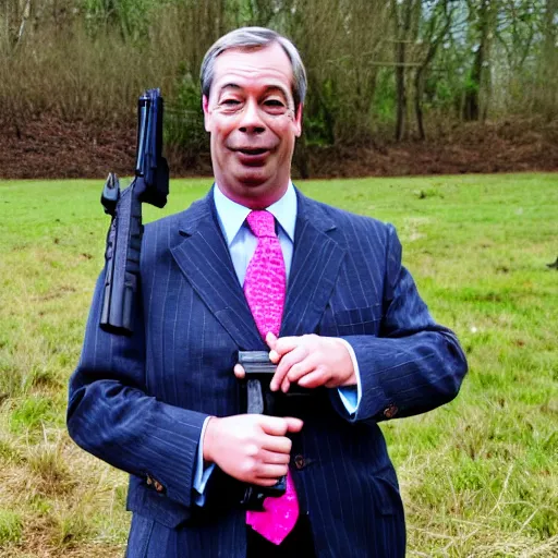 Prompt: nigel farage holding a rifle, photograph, hd