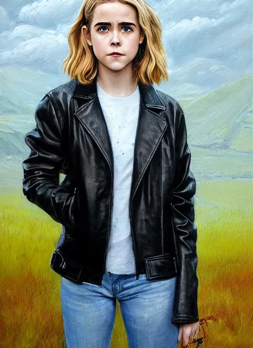 Prompt: portrait of kiernan shipka in the rain wearing a leather jacket, hyperrealistic, very detailed painting mark brooks