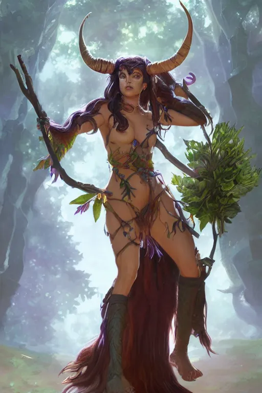 Image similar to cute Tiefling Druid with long horns, colorful leaves on light leather armor, holding tree staff, ,demon tail light-brown skin, highly detailed, digital painting, artstation, concept art, sharp focus, illustration, art by artgerm and greg rutkowski and alphonse mucha