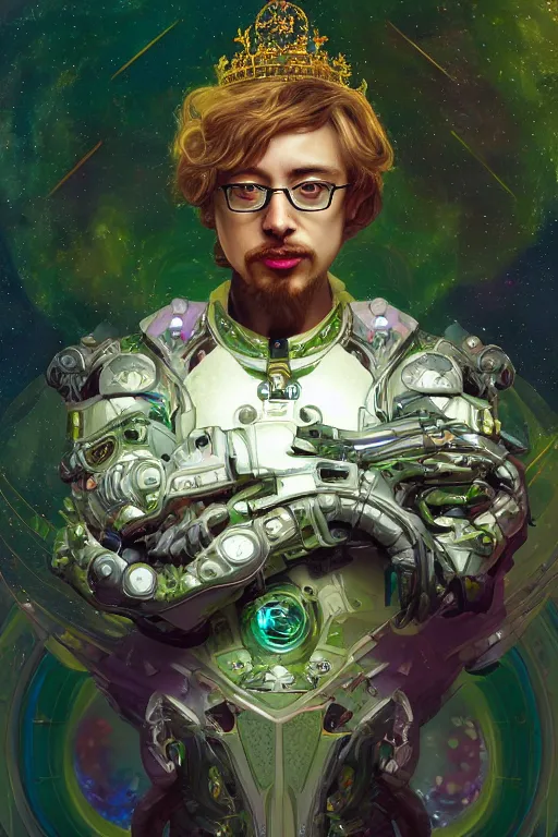 Prompt: portrait of Celestial Sam Hyde as a futuristic royal king, inside future fighter, sci-fi, fantasy, intricate, lush garden spaceship, elegant, human anatomy, royal green and nature light, highly detailed, digital painting, artstation, concept art, smooth, sharp focus, illustration, art by tian zi and WLOP and alphonse mucha