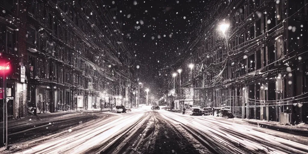 Image similar to a city street at night, snowing, photograph, cyberpunk, sharp focus, intricate detail, Desolate, drone shot, high resolution, 8k neon streetlights