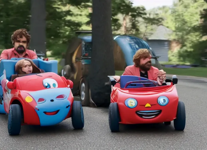 Image similar to peter dinklage and burt reynolds driving a little tikes cozy coupe, movie still, from the new smokey and the bandit, 8 k, realistic