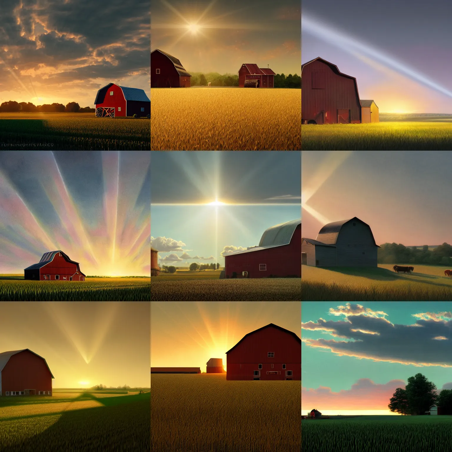 Prompt: a 1 9 5 0's farm in wisconsin, tall cornfields in the foreground, barn in the background, volumetric light evening, a beam of light from the heavens, cinematic, trending on artstation, in the style of greg rutkowski