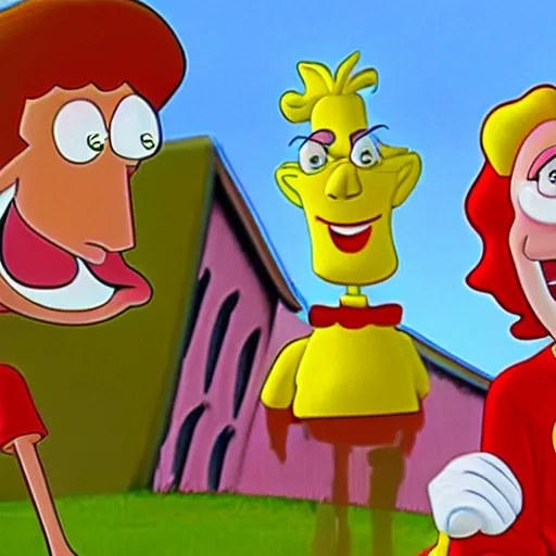 Image similar to Courage the cowardly dog growling at Ronald McDonald while Carl wheezer is mesmerized by Jimmy neutrons Mom