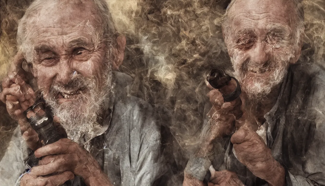 Image similar to hyper realistic color photo, portrait of a single weathered old man, aesthetic laughing woman smoking pipe, cables, vapour emerge from their eyes, dramatic lighting and shadow!!, full colour, upscale, 8 k, masterpiece