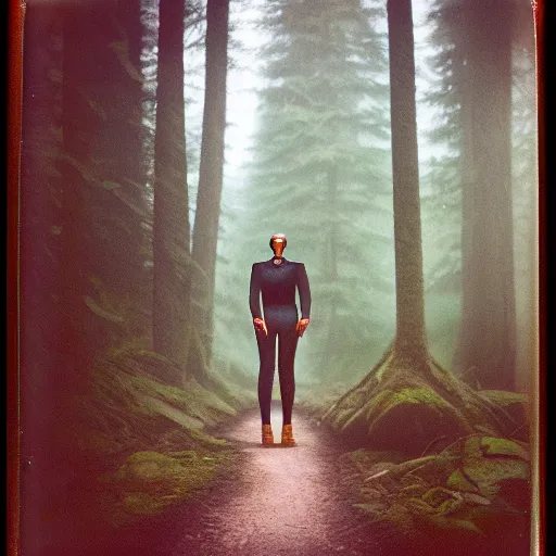 Image similar to Humanoid robot, sleek robot, advanced robot, walking through misty forest, Pacific Northwest, Polaroid