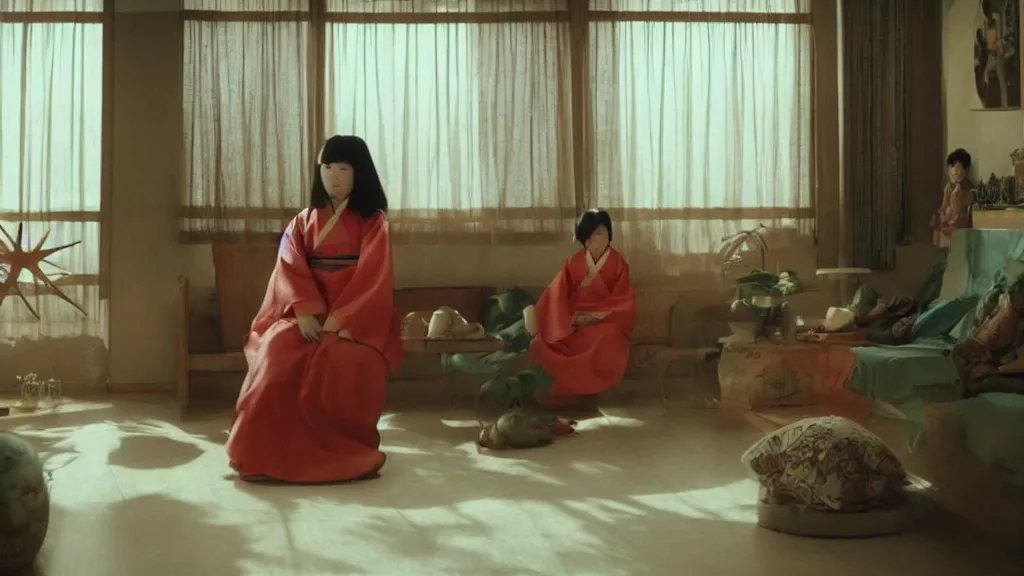 Image similar to woman in hanbok sitting on a couch, starfish monster's shadow is seen behind her, korean interior, kaiju - eiga monster movie by denis villeneuve, cinematography by akira kurosawa and ishiro honda