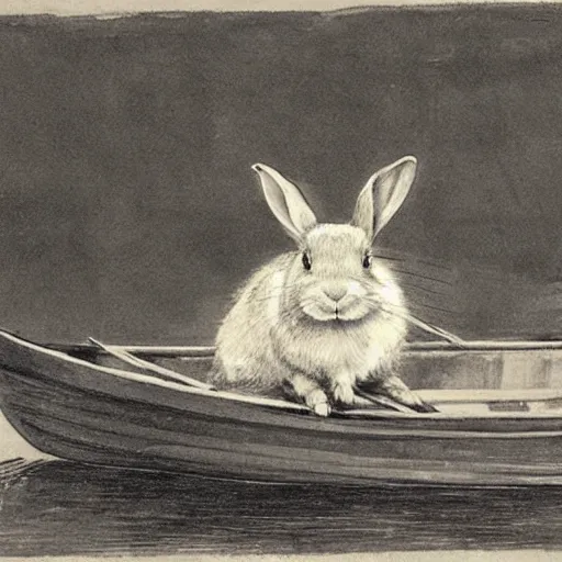 Image similar to a rabbit sitting in a rowboat in the style of Anders Zorn