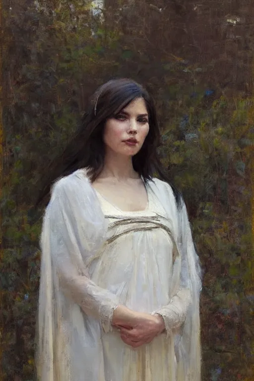 Image similar to Richard Schmid and Jeremy Lipking and Brom full length portrait painting of a young beautiful priestess woman