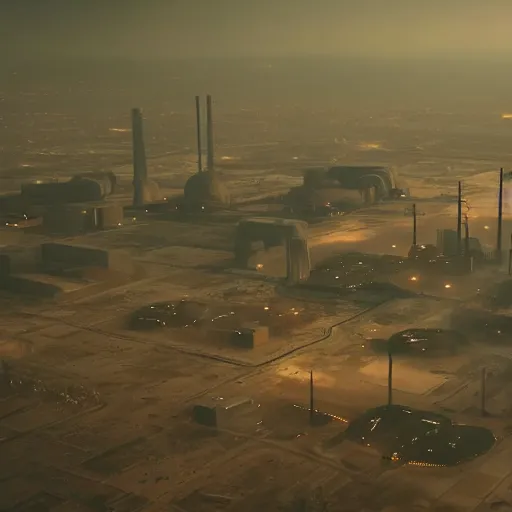 Image similar to an aerial view of an abandoned industrial terrain with giant nuclear plants, night time, shot from the blade runner 2049 movie, designed by Ash Thorp, moody, dark, foggy