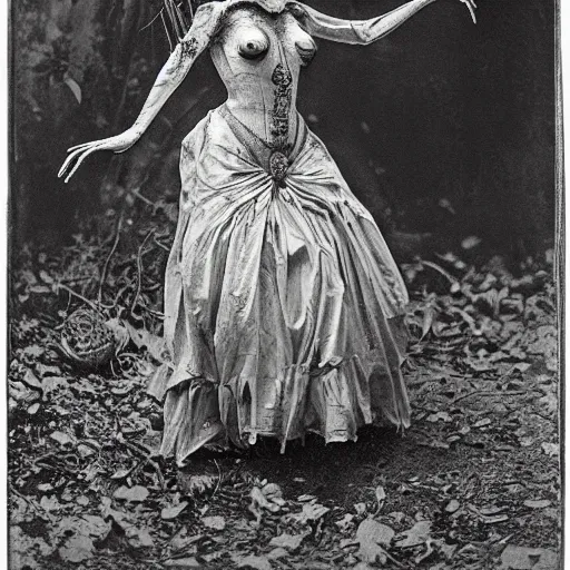 Image similar to 1860 photo of an old freak show body spider-woman, on the middle of a forest, spooky , veins, arteries, intricate, golden ratio, full frame, elegant, highly detailed, ornate, ornament, sculpture, elegant , luxury, beautifully lit, ray trace, 3d, PBR