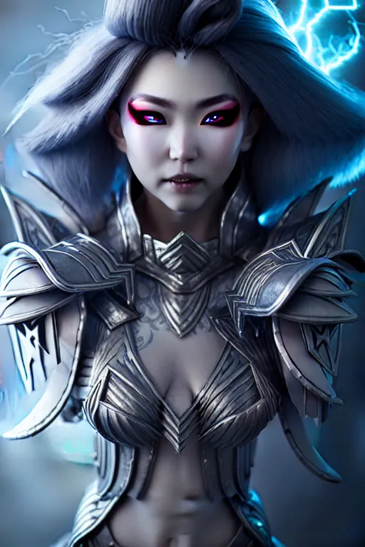 Image similar to sakimi chan, fantasy armor, detailed face, white skin, dramatic lighting, tony sart, unreal engine, wind, lightning