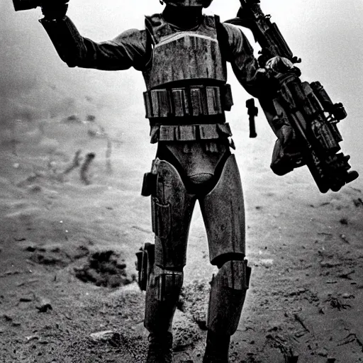 Image similar to war photography, the falling soldier, an imperial stormtrooper, zeroes on the moment of death frozen in time forever, groundbreaking, breathtaking, awardwinning, by robert capa, digital intricate art, hyperrealist, detailed, 8 k, 3 5 mm, canon, extreme long shot