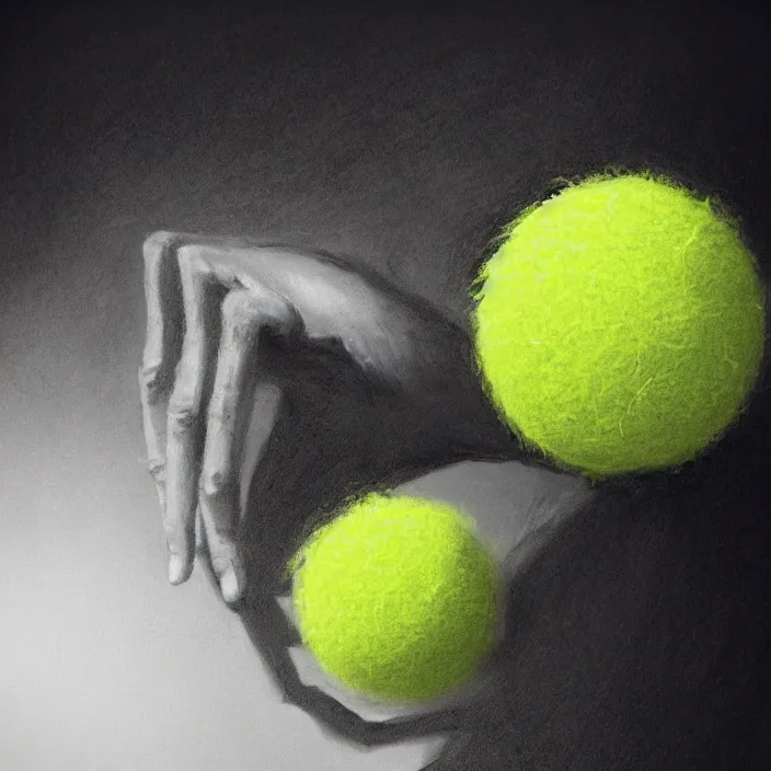 Prompt: cinematic portrait of a tennis ball monster in the abyss of space, chalk, masterpiece, trending on artstation, featured on pixiv, cinematic composition, dramatic pose, beautiful lighting, sharp details, hyper-detailed, HD, HDR, 4K, 8K, art by Basil Gogos