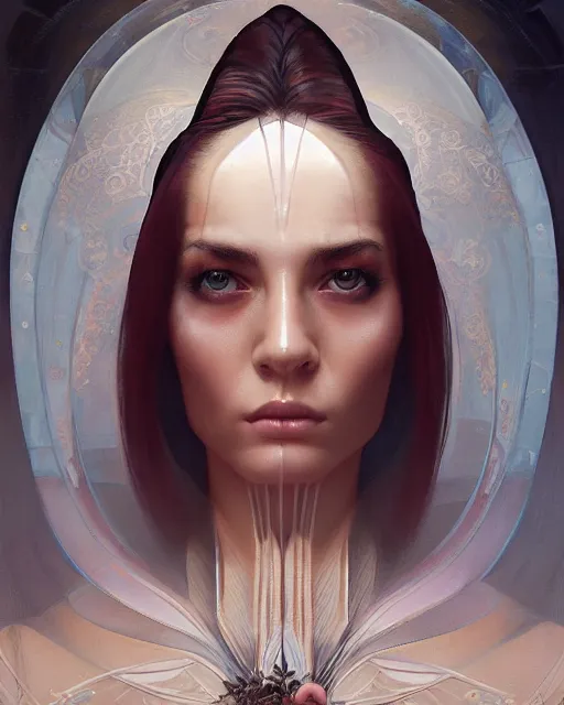 Image similar to symmetrical portrait of a 2 5 year old girl, by karol bak, james jean, tom bagshaw, rococo, sharp focus, trending on artstation, cinematic lighting, hyper realism, octane render, 8 k, hyper detailed.