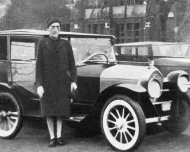 Image similar to 1 9 2 0 s photo of a person standing next to a tesla car