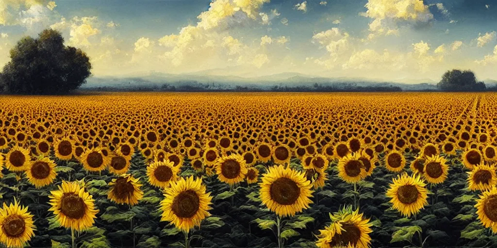 Prompt: Hyper realistic oil painting of an endless sunflower field, high contrast, deep and bright colors, blue skies, cinematic, by greg rutkowski