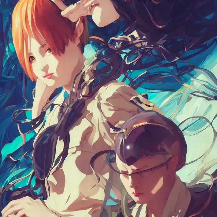 Image similar to anime portrait yor forger, futuristic science fiction, mucha, hard shadows and strong rim light, art by jc leyendecker and atey ghailan and sachin teng