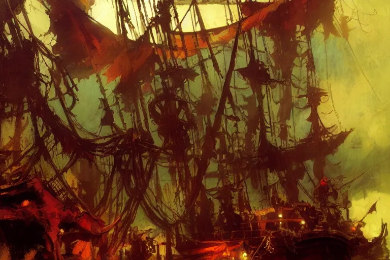 Image similar to pirate ship interior, intricate, elegant, highly detailed, vivid colors, john harris, frazetta, tyrus wong, ruan jia, jeffrey catherine jones