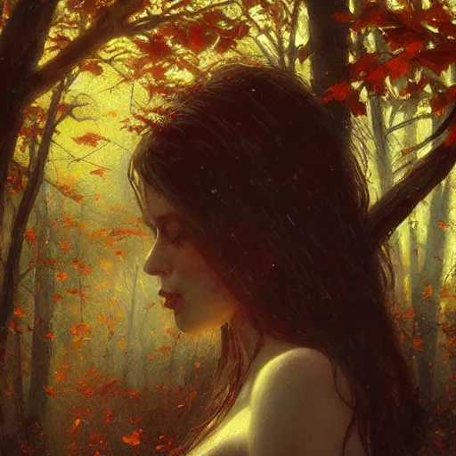 Image similar to portrait of a dryad, autumn maples by greg rutkowski dark mysterious, filtered evening light