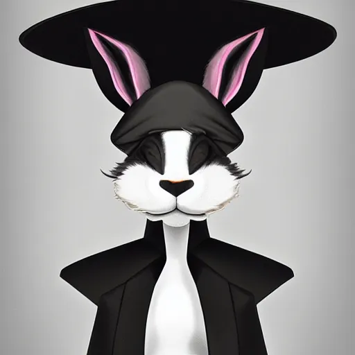 Prompt: anthropomorphic jackrabbit harengon with black skin and white highlights, wearing stylized monk robes and a very wide brimmed black hat, focus on hat, digital art featured on artstation