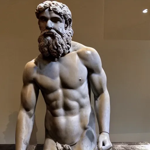Prompt: Ancient Greek statue of Zeus looking angrily at his iPhone