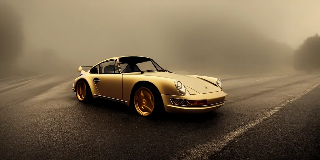 Image similar to parked Porsche sports car, fog, rain, volumetric lighting, beautiful, golden hour, sharp focus, highly detailed, cgsociety