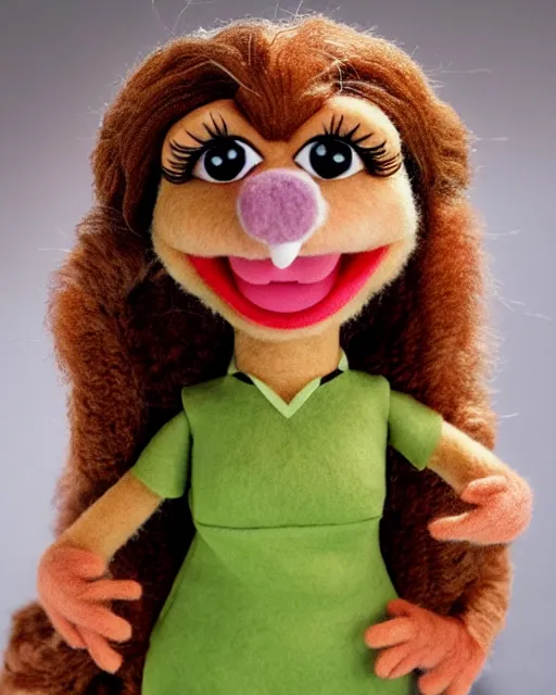 Image similar to pam beesley as a muppet. highly detailed felt. hyper real photo. 4 k.