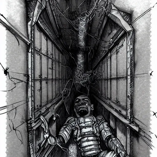 Image similar to the man stuck in the wall, creepy explorer sketch, godlike design, concept art, beyond the void, grand scale, intricate detailed