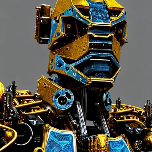 Image similar to a intricate ornate boxing humanoid mecha, punk, by war robots, real steel ( 2 0 1 1 ), westworld and pacific rim movie and ps 5 game machine warrior 5, cryengine, frostbite 3 engine, blue and yellow scheme, sharp focus, 8 k, high definition, insanely detailed, soft lighting, smooth face