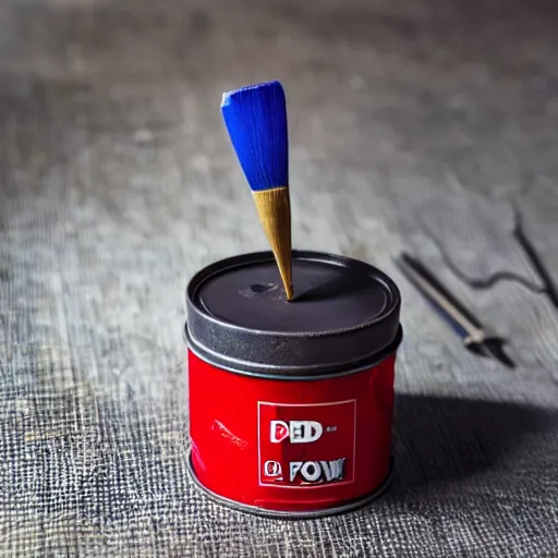 Prompt: a open tin of red paint advertising screwfix paintbrush