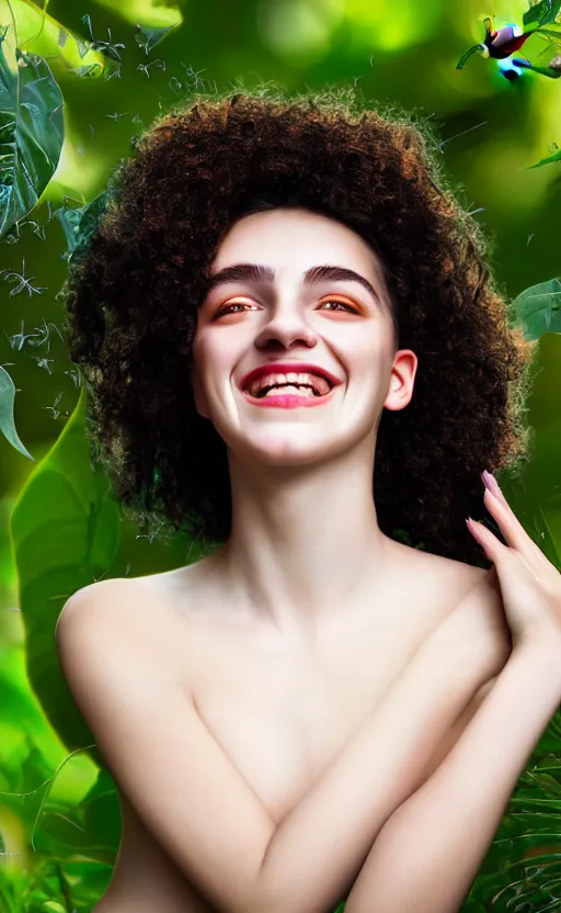 Prompt: 8 k uhd poser render of the face of a young woman with marble complexion, angelic features, her face framed with curls, her head raised in rapture, laughing, portrait photography, symmetrical eyes, by john singer sargent, background lush vegetation, insects and birds, dof narrow, 1 0 5 mm lens